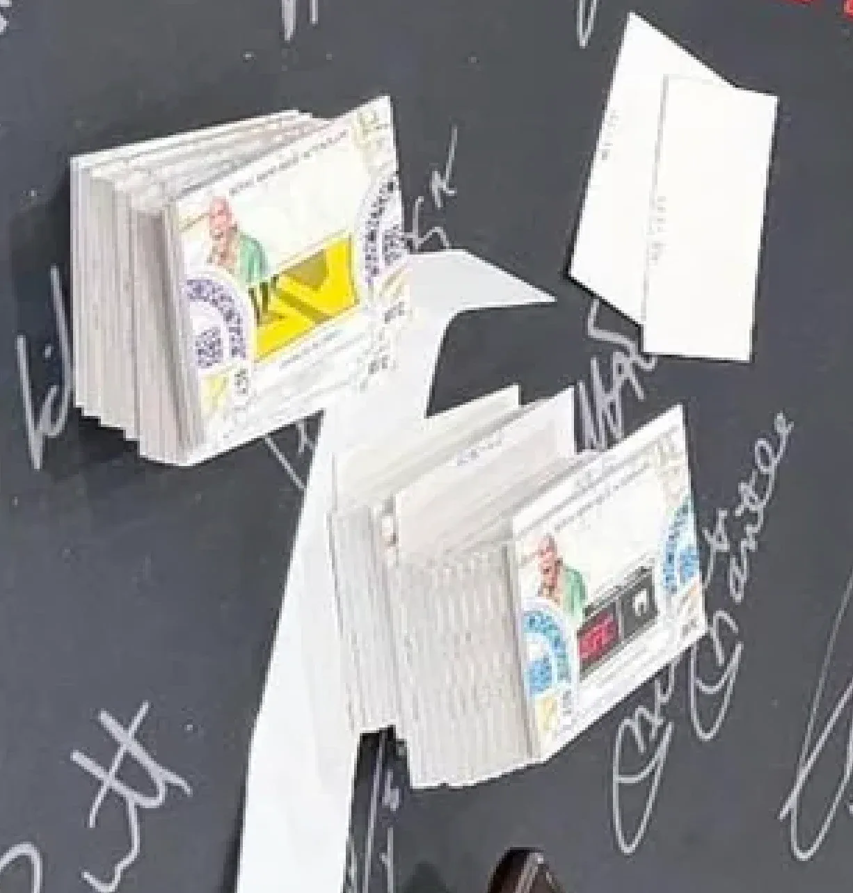 Stacks of 2026 Topps Royalty UFC cards with patch windows on a dark signing table, with a yellow patch visible on the top card of one stack