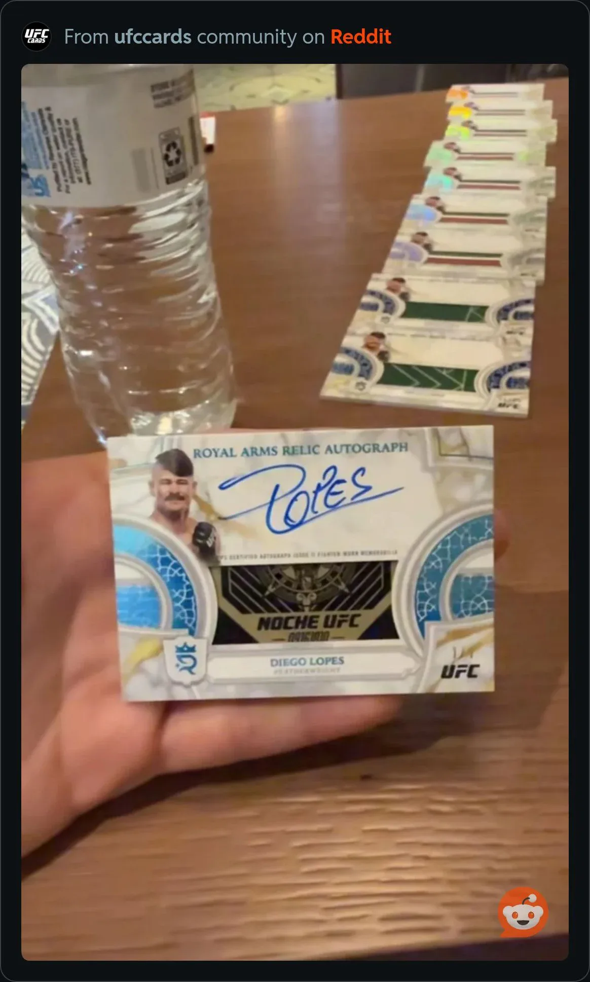 2026 Topps Royalty UFC Diego Lopes Royal Arms Relic Autograph with a Noche UFC patch, in a Reddit screenshot